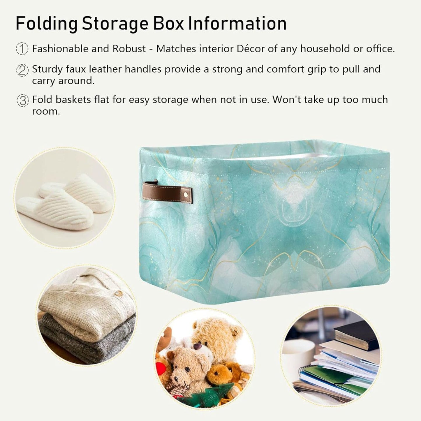 susiyo Large Foldable Storage Bin Storage Baskets for Shelves Storage Bins for Organizing Shelf Nursery Toys Decorative Linen Fabric Bins Cube with PU Handles 1 Pack,Green Marble