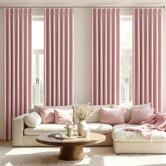 MIULEE Pink Pinch Pleated 100% Blackout Linen Curtains 40x108 Inches | Room - Image 7