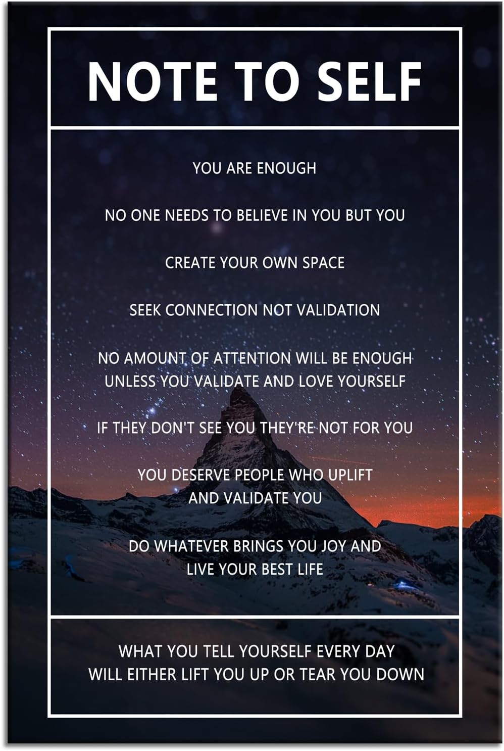 Note to Self Inspirational Wall Art Snow Mountain Starry Sky Motivational Poster Inspiring Canvas Painting Prints Wall Pictures for Home Decor Living Room Office Bedroom Framed Artwork [12''W x 18''H]