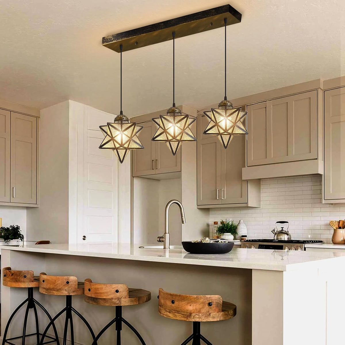 Glass Glam Chandelier 3 Lights Star Pendants Light Fixture for Dining Table Kitchen Island Modern Ceiling Hanging Lights Included LED Warm Light Bulbs Oiled Bronze