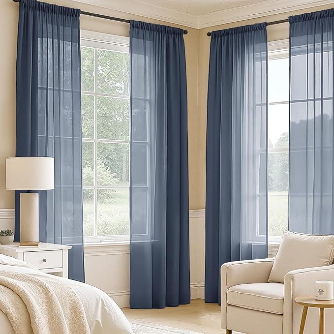 MIULEE Navy Blue Sheer Curtains 108 Inches Long 4 Panels 42 x 108 Inches | - Image 2