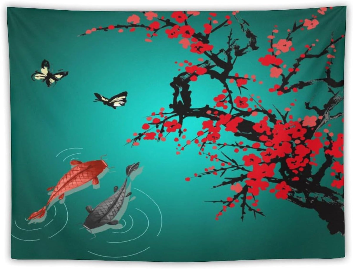 Japanese Koi Fish Tapestry, Cherry Blossoms Asian Oriental Green Teal Floral Branch Koi Fish Carp Tapestries Wall Hanging for Bedroom Living Room Office Decor 40"x30"