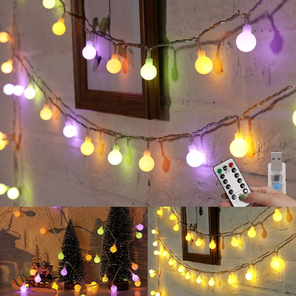 Minetom 33 Feet 100 Led Mini Globe String Lights, USB Fairy String Lights Plug in, 8 Modes with Remote, Decor for Indoor Outdoor Party Wedding Christmas Tree Garden, Warm and Multi