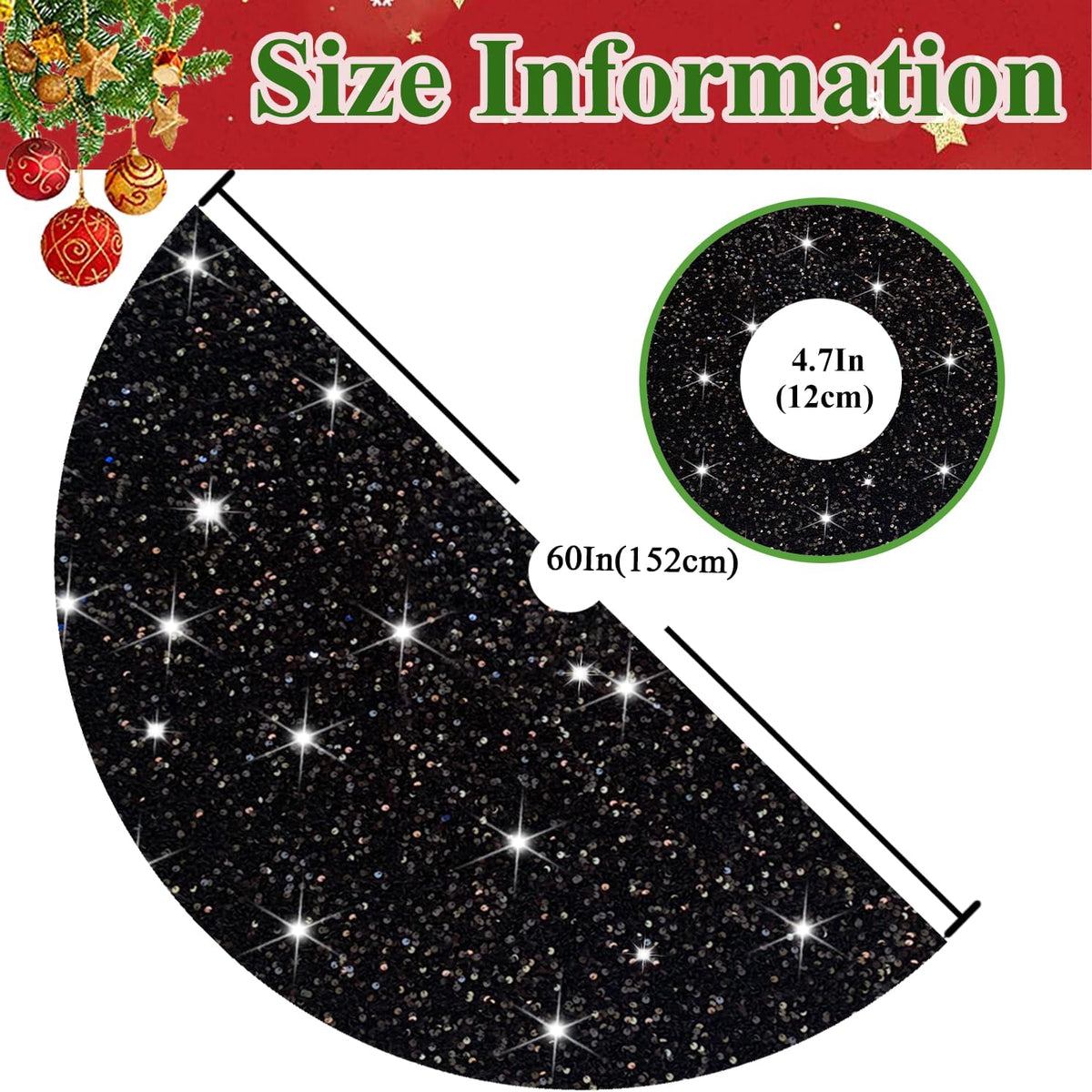 MODFUNS Black Christmas Tree Skirt 60 Inch Glitter Sequin Large Xmas Tree Mat Velvet Halloween Tree Skirt Unique Shiny Xmas Tree Skirt Cover for Christmas Tree New Year Merry Christmas Ornament