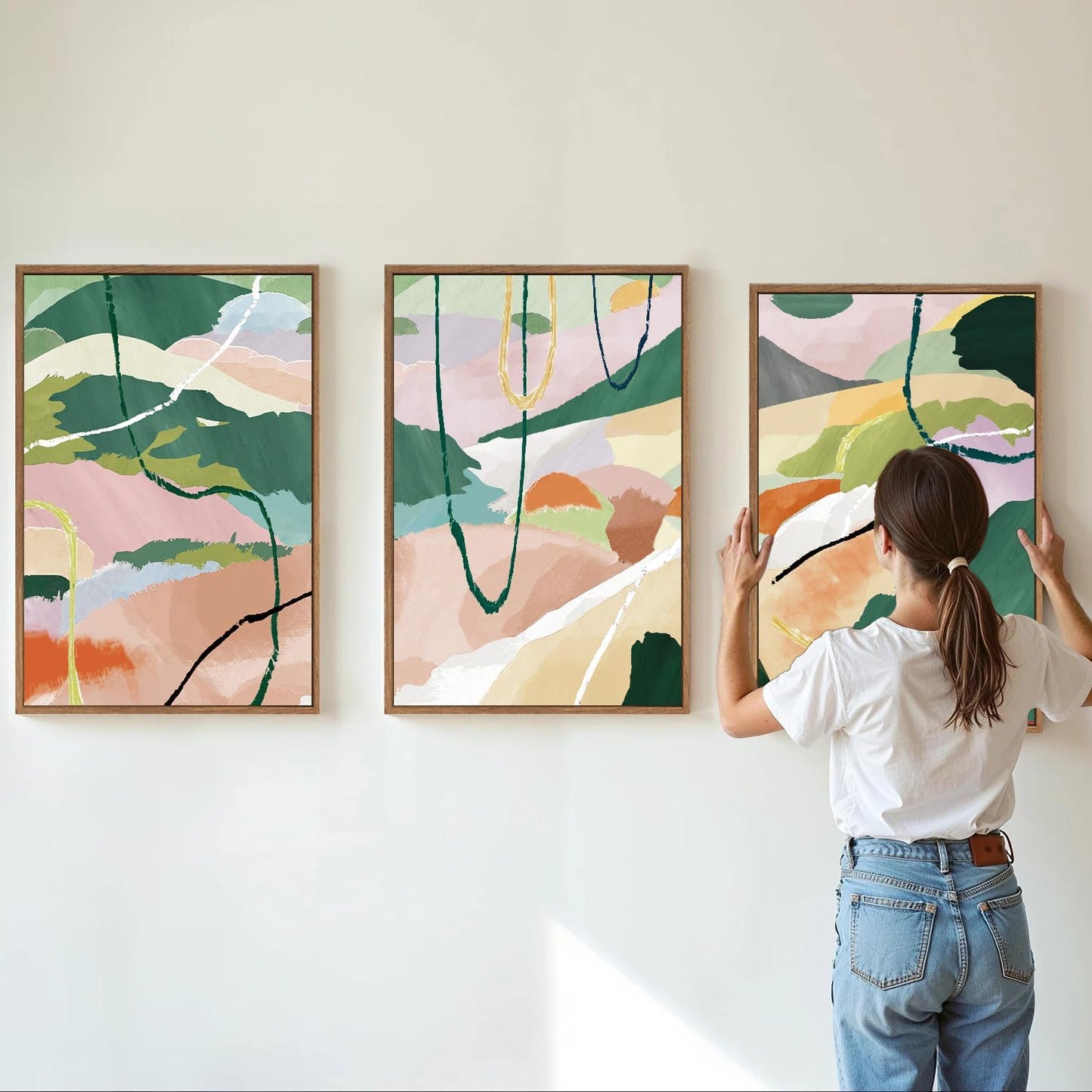 Tinonedraw Colorful Abstract Framed Canvas Wall Art Set of 3, Green and Pink Oils Inks Artwork, Neutral Modern Minimalist Wall Decor for Living Room, Bedroom, Office 16"x24"