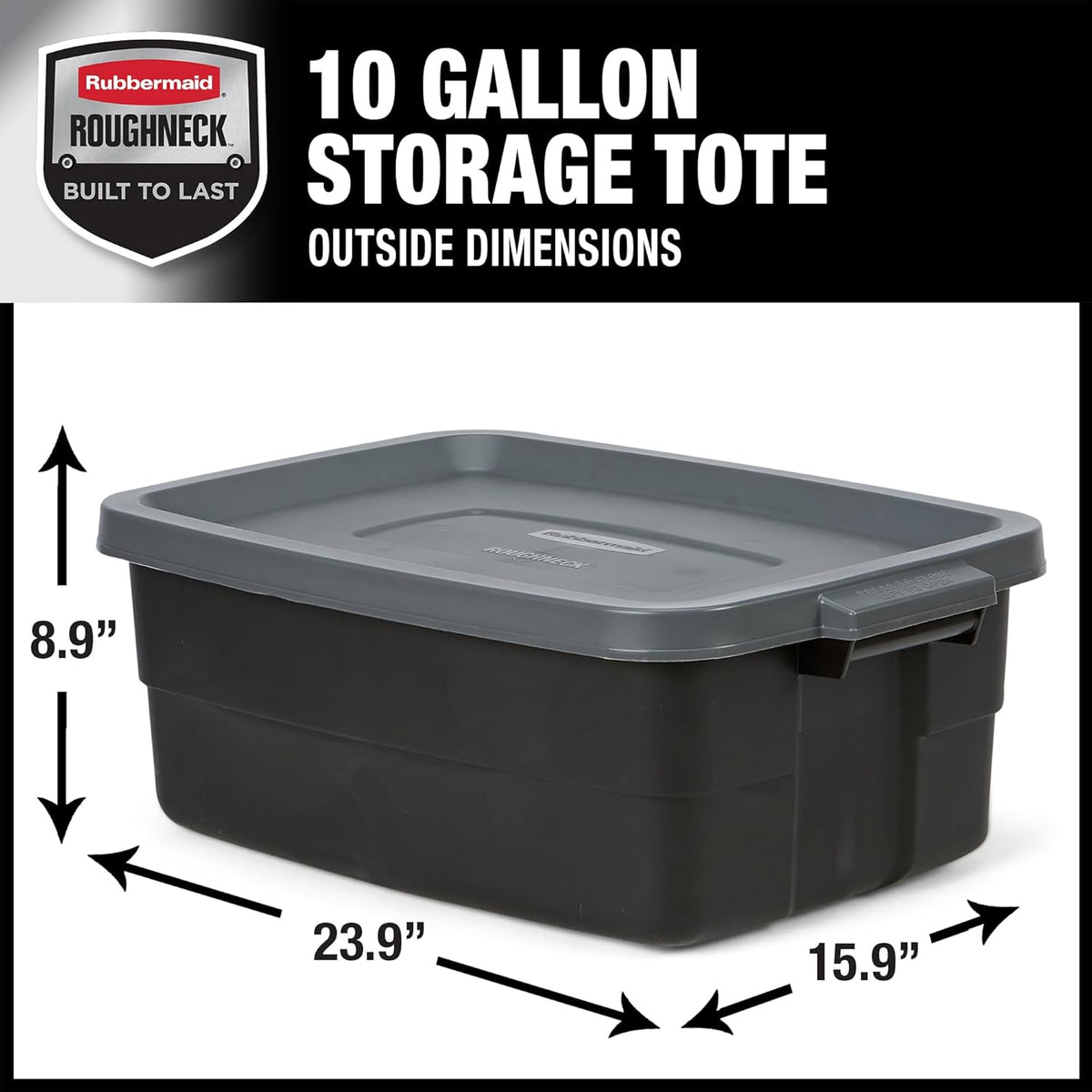 Rubbermaid Roughneck Tote 10 Gal, 6 Pack, Made in USA, Black & Gray, Rugged Plastic Stackable Storage Bins with Lids and Handles