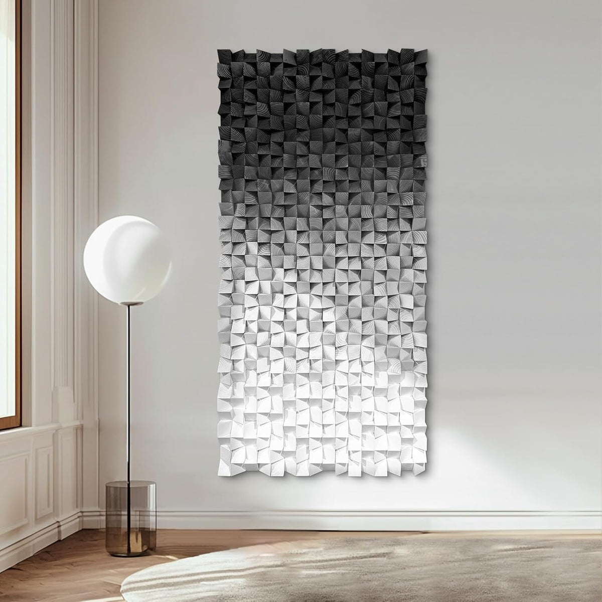 LIUZEYUE - Wooden Block Stereoscopic Painting Geometric Modeling Wall Decoration 3D Wooden Artwork Living Room Bedroom Background Wall Office Decoration Black and White Gradient 31.5 x 63 inches