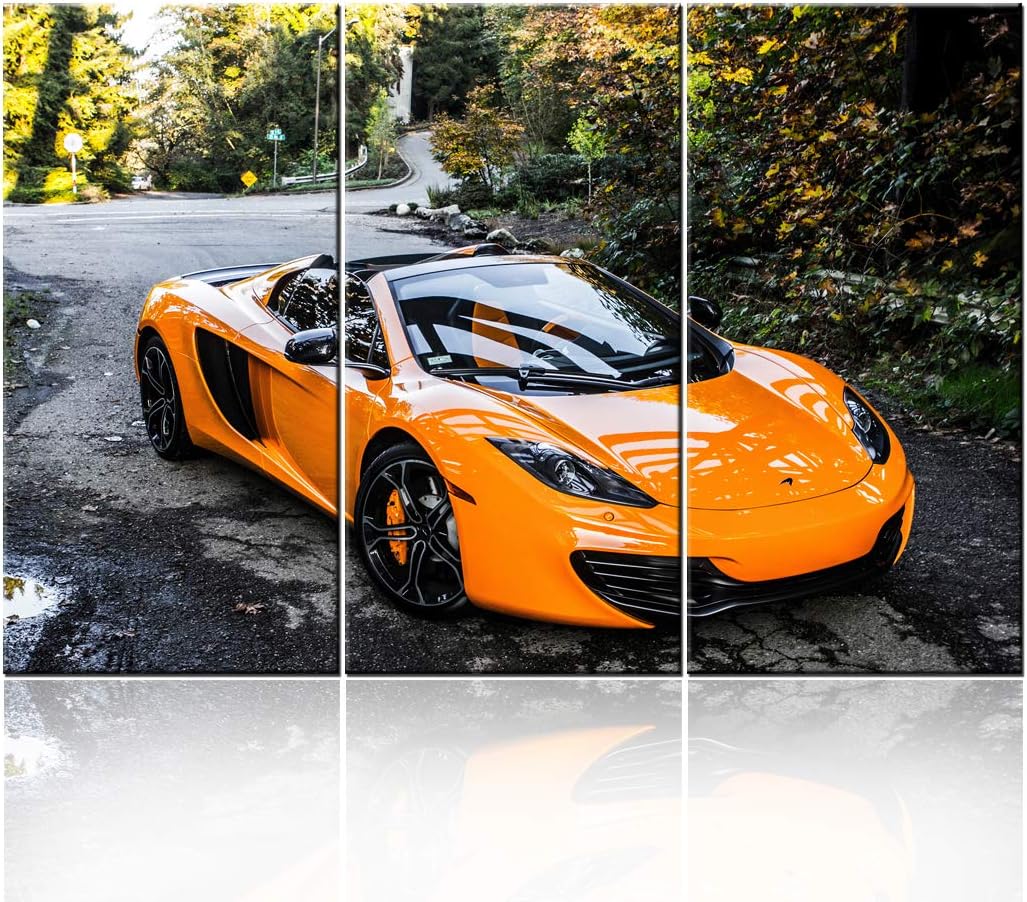 TUMOVO 3 Pieces Orange Sports Car Wall Art Picture Home Decoration Living Room Canvas Print Painting Wall Picture on Canvas with Frame Ready to Hang - 28 x 14inch x 3 Panel