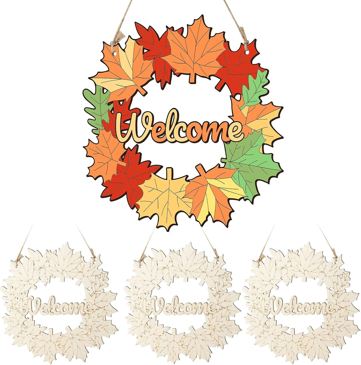 Unfinished Fall Wreaths Wood Crafts to Paint Set of 3, 11" Bulk Fall Leaves Wreath Ornaments for Painting, Unfinished Wood Cutouts DIY Ornaments for Front Door with Ropes (Maple)