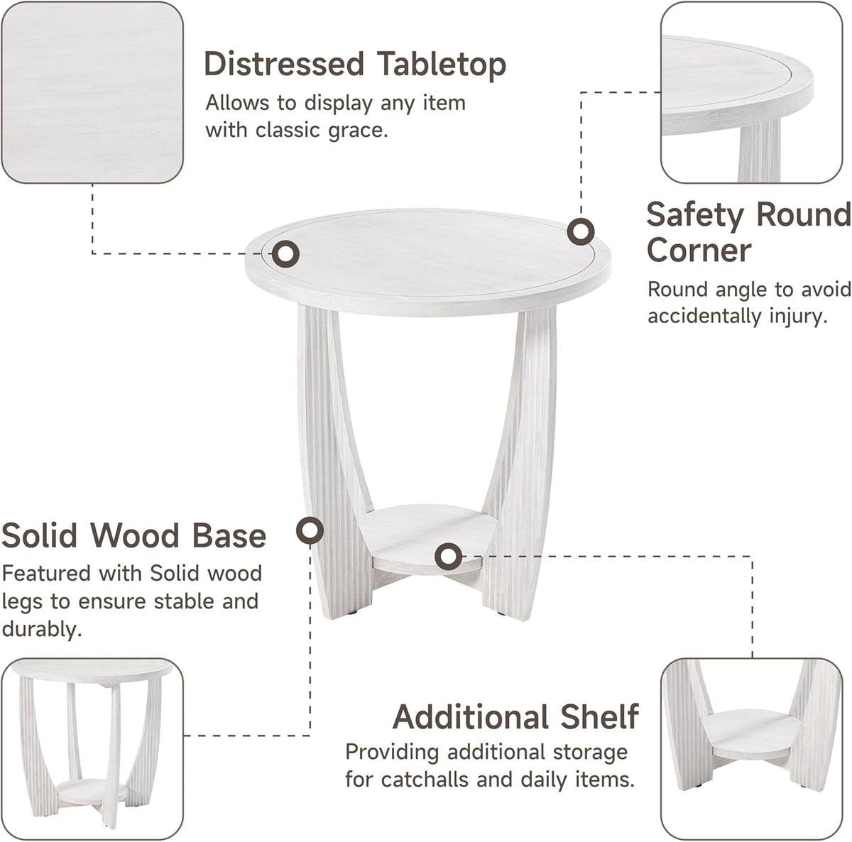 Rustic Farmhouse end Table with Storage Shelf, French Country Accent Side Table for Family, Dinning or Living Room, Small Spaces, Modern, Round, White