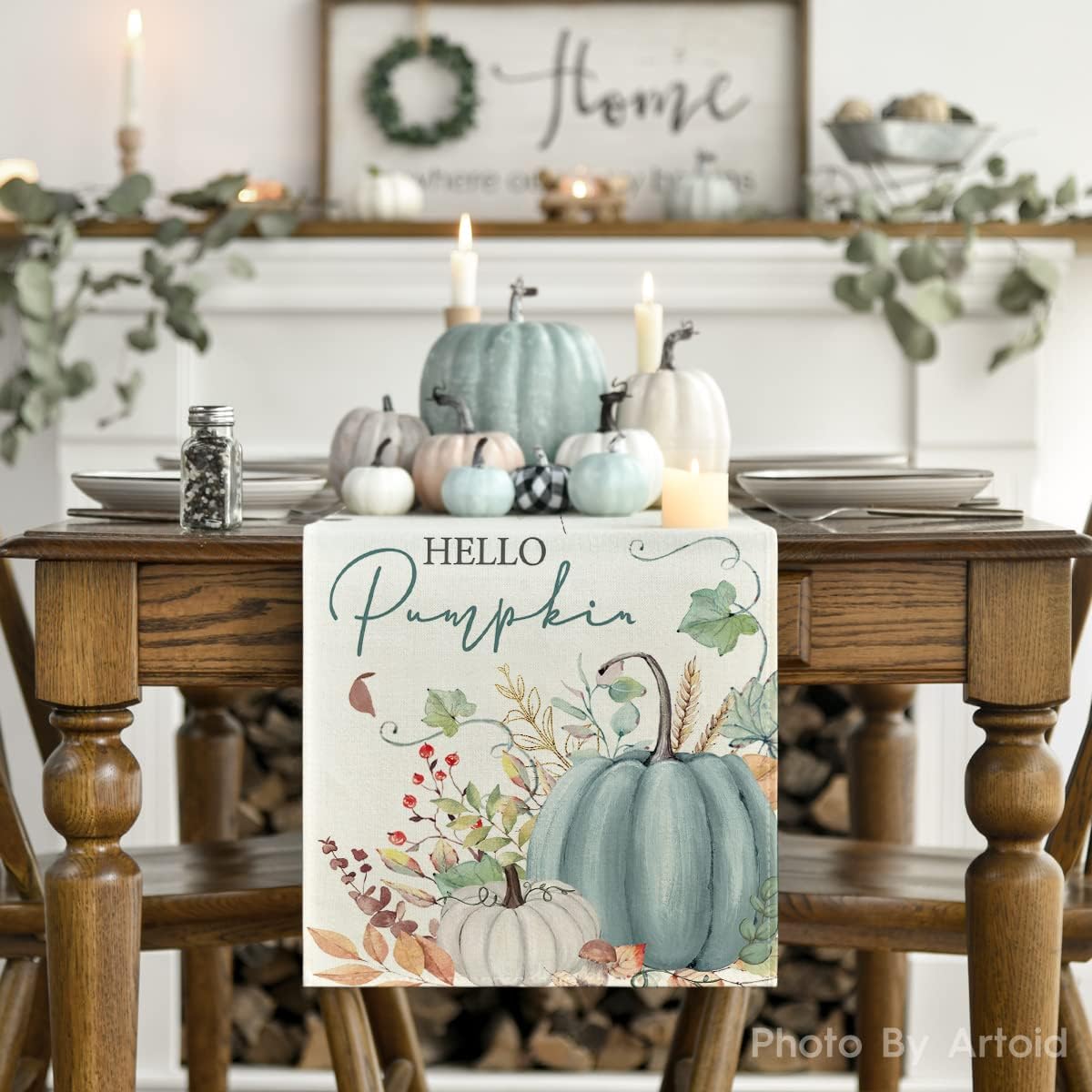 Artoid Mode Aqua Hello Pumpkin Leaves Fall Table Runner, Seasonal Autumn Kitchen Dining Table Decoration for Home Party Decor 13x90 Inch