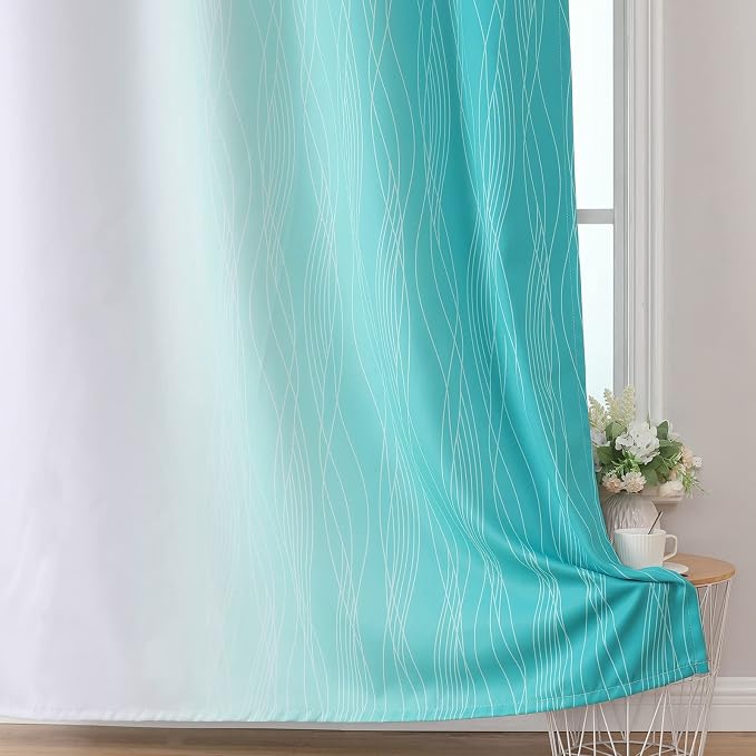 Teal and Grayish White Ombre Blackout Curtains Living Room 102 Inches Long | - Image 6