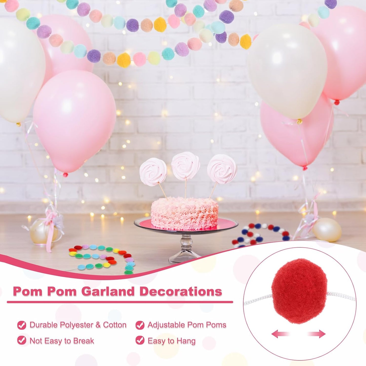 PATIKIL 26Ft Pom Pom Garland Decorations, 4Pcs Colorful Felt Ball Garland Banner Cute Rainbow Pompom Hanging Decorations for Tree Ornaments Homes Decor, Multicolor
