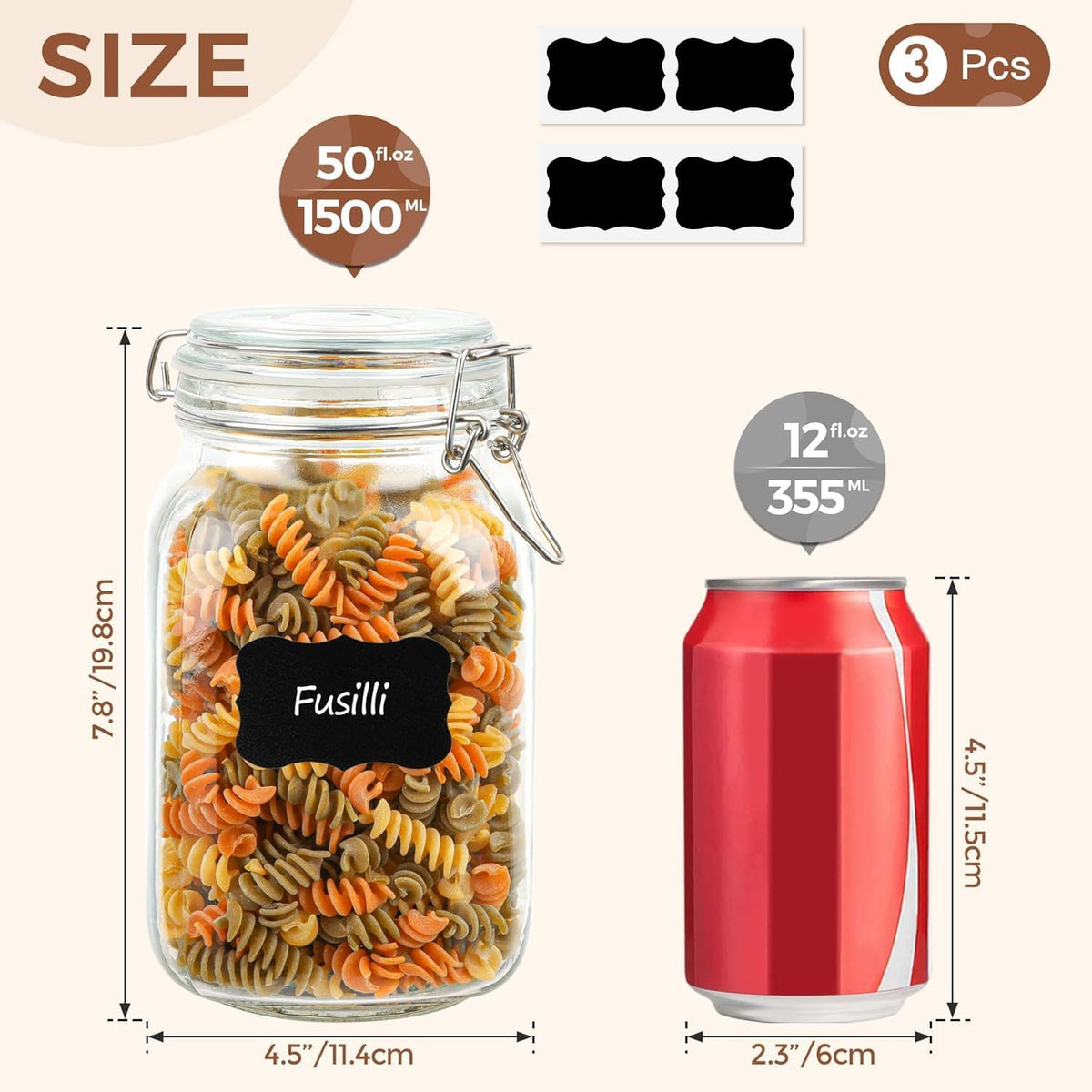 ComSaf Airtight Glass Canister Set of 3 with Lids 50oz Clear Food Storage Jars Square, Kitchen & Pantry Organization Food Storage Container for Canning, Sugar, Flour, Pasta, Candy, Cereal, Coffee