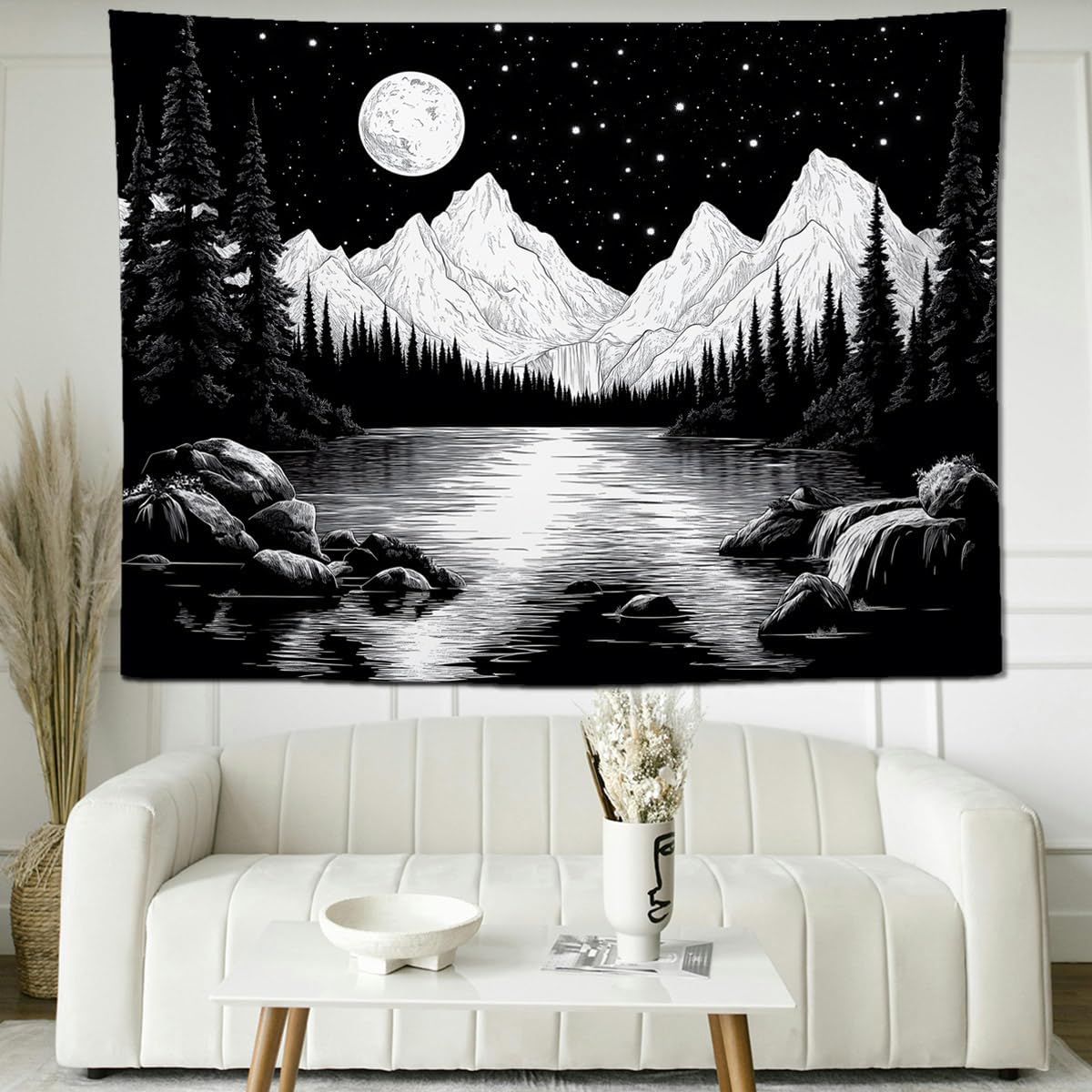 keowhsf Starry Night Mountain Lake Tapestry Black and White Tapestries Aesthetic Moon and Stars Wall Hanging Dark Nature Forest Tapestry for Bedroom Living Room Dorm Decor