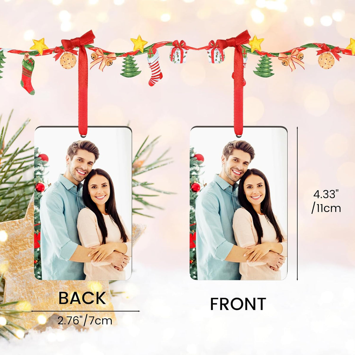 4 Pack Personalized Christmas Ornaments 2025 Wood Custom Photo Text Hanging Ornament for Christmas Tree Decorations, First Christmas Engaged/Married, New Home, Baby's First Christmas, Memorial