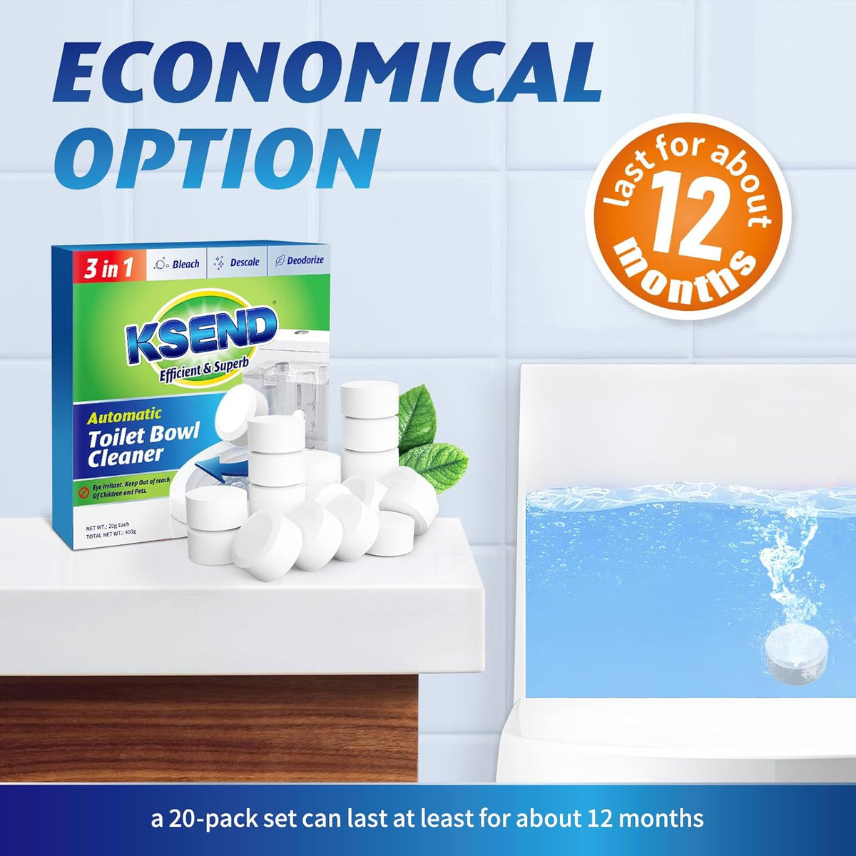 Toilet Bowl Cleaner Tablets - 20 PCS Automatic Bleach Toilet Cleaner Tablets, Slow-Releasing Deodorizing & Descaling, Powerful Bathroom Tank Cleaner
