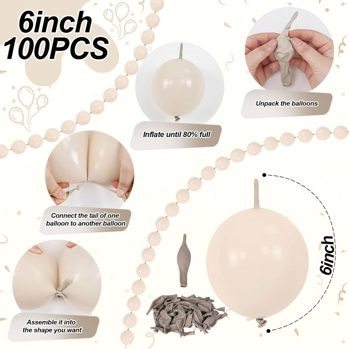Sand White Quick Link Balloons, 60PCS Linking Balloon for Making Balloon Wall Arch Chains, Cream Beige Linked Balloons for Wedding Birthday Baby Shower Engagement Graduation Party Decorations (10inch)