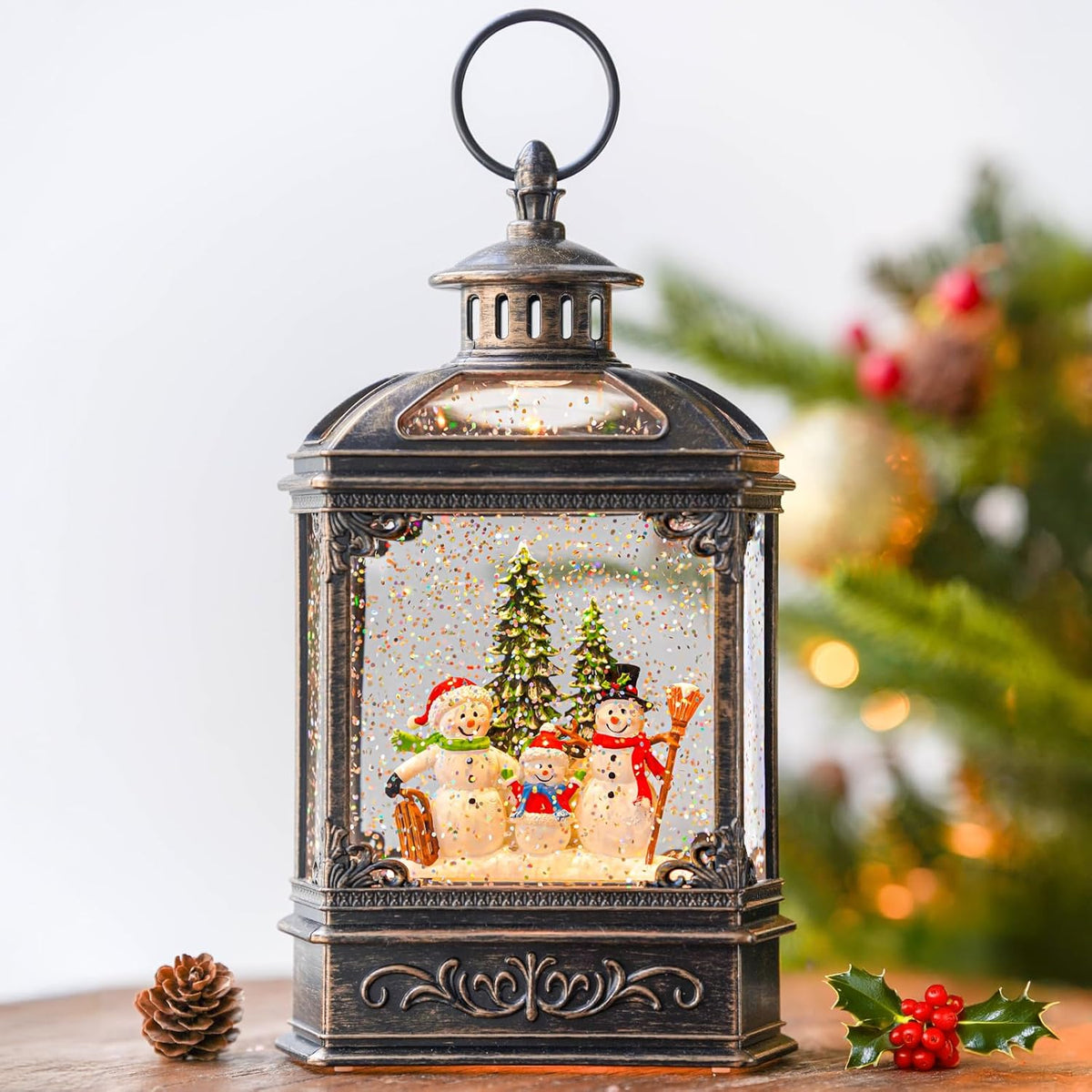 Christmas Snow Globe Lantern Water Glittering Snowman Family with Music & Timer, USB Lined/Battery Operated Lighted Lantern for Christmas Festival Decoration Gifts