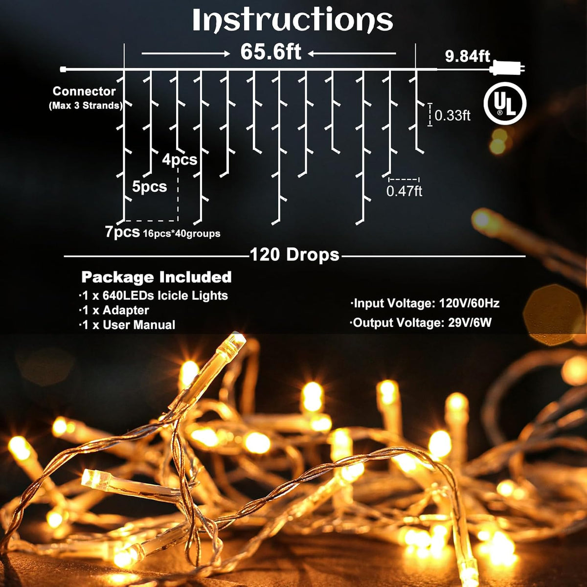 66ft Icicle Lights for Outside - 640 LED Christmas Lights Outdoor with 120 Drops 8 Modes, Plug in Twinkle Light Outside for Holiday Wedding Party Tree Room Indoor Thanksgiving Decoration, Warm White