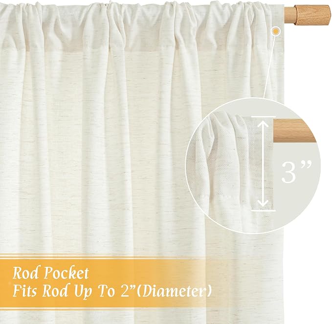 Natural Cream Linen Curtains for Living Room 72 Inch Length 2 Panels | Light - Image 3