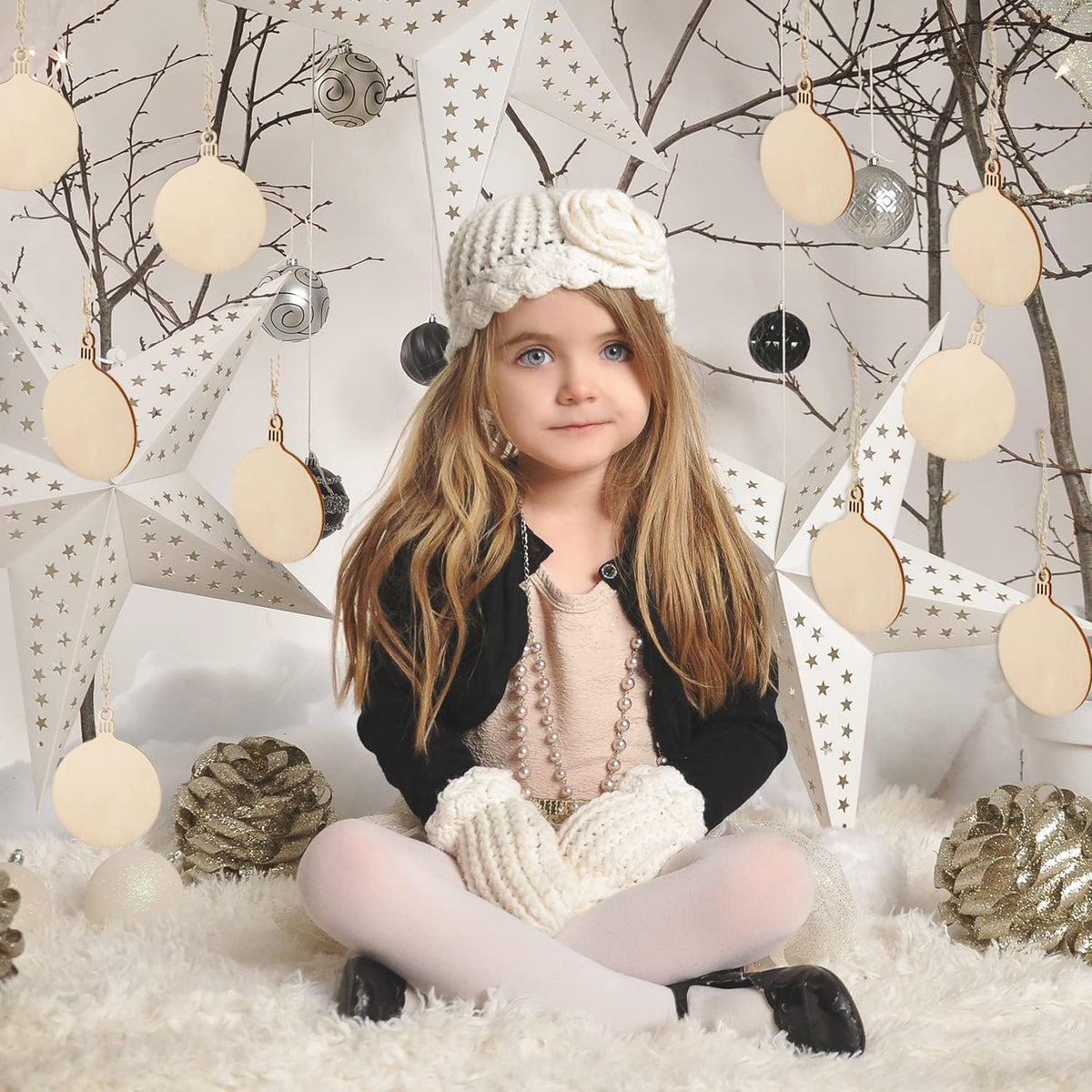 Blulu 100 Pieces Christmas Wooden Ornaments Star Round Wood Slices Wood Snowflake Angel Shape Christmas Tree Hanging Embellishments with 100 Pieces Cords (Style 3)