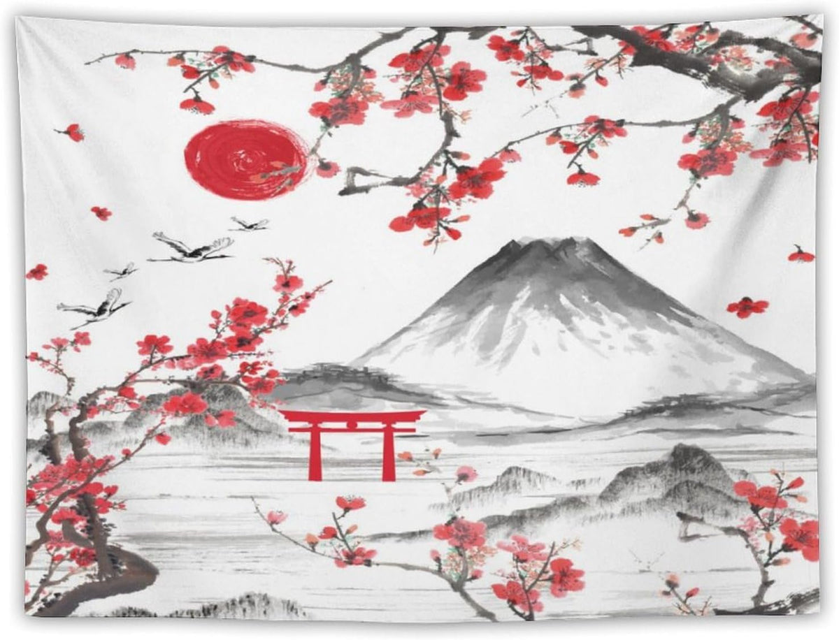 Red Cherry Blossoms Tapestry, Japanese Fuji Mountain Tapestry, Asian Japanese Wall Tapestry, Nature Landscape Tapestries for Bedroom Living Room Decor 80"x60"