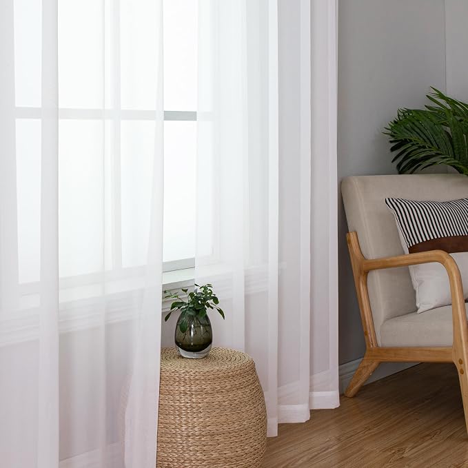 White Sheer Curtains 50 Inch Length 2 Pcs, Light Filtering Voile Bathroom - Image 7