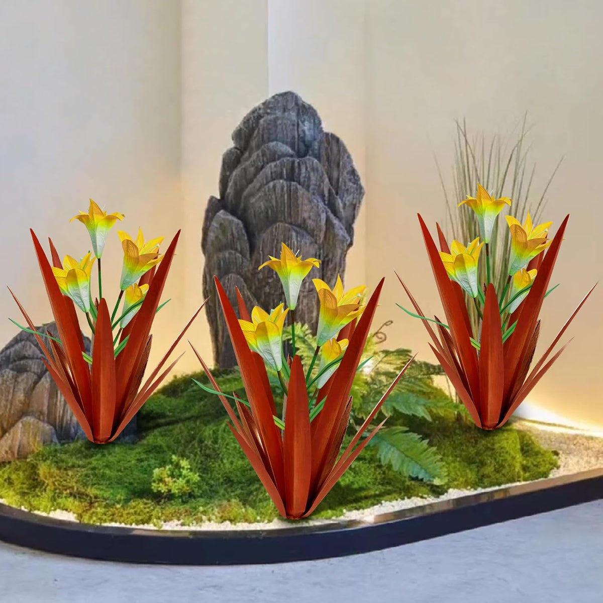 Homight Metal Agave Plant Outdoor Decoration, 3 Big Yellow Lilies, HM-390-345