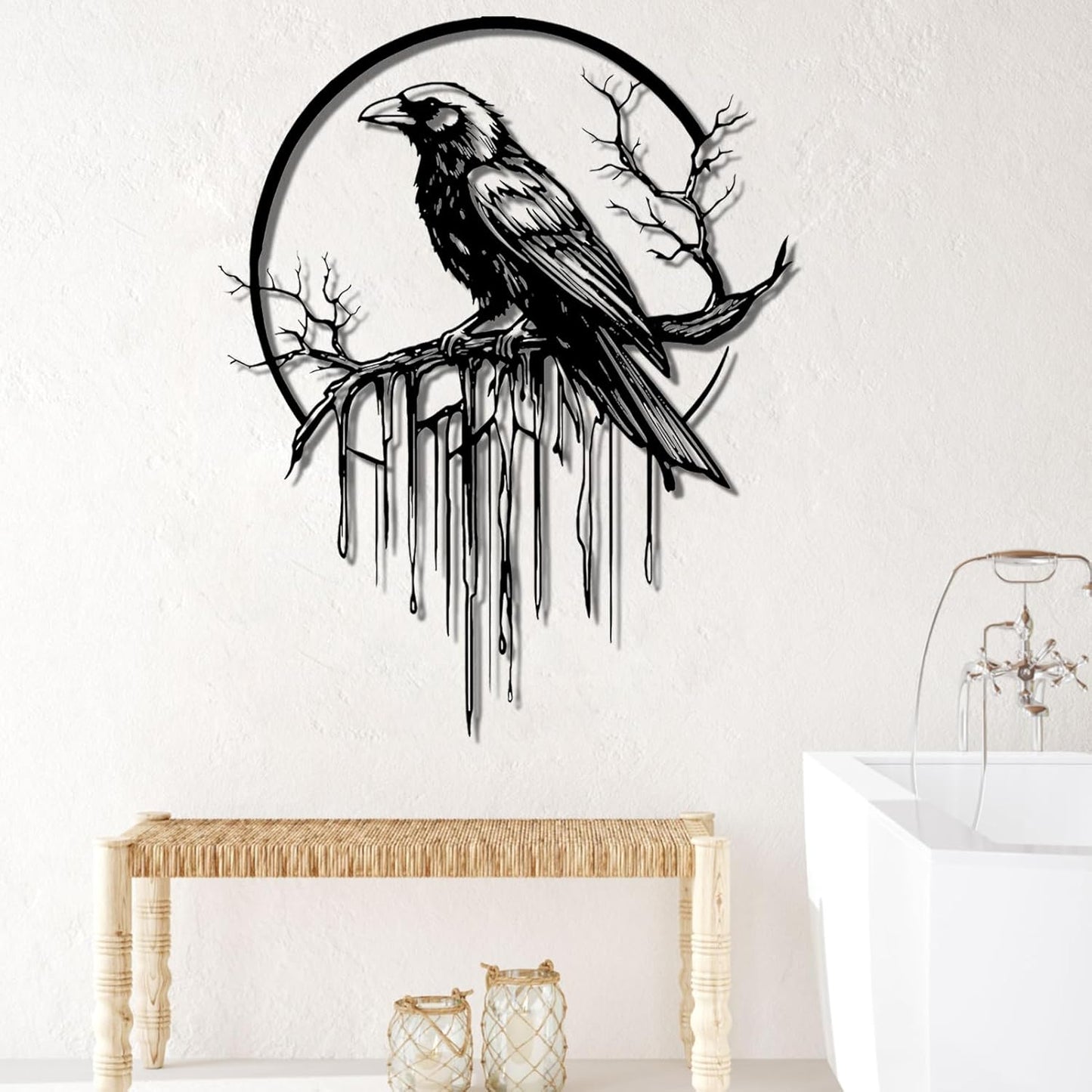 Crow Metal Wall Decor, Raven Wall Art, Large Gothic Raven Decor Hangings, Bird Wall Decor, Metal Tree Branch Decor, Ravens Sign, Raven Art for Living Room (Black, 19"x15" | 47x38cm, metal wall art)