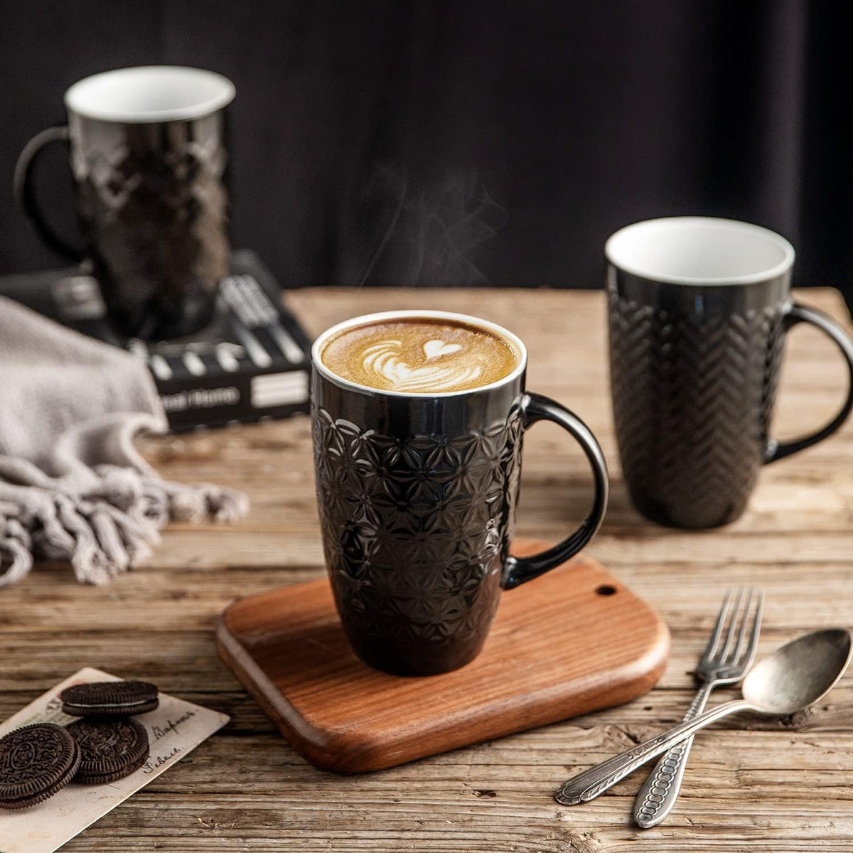 AmorArc Large Coffee Mugs Set of 6, 20oz Ceramic Tall Coffee Mugs Set with Textured Geometric Patterns for Latte/Tea/Beer/Hot Cocoa, Dishwasher & Microwave Safe, Black