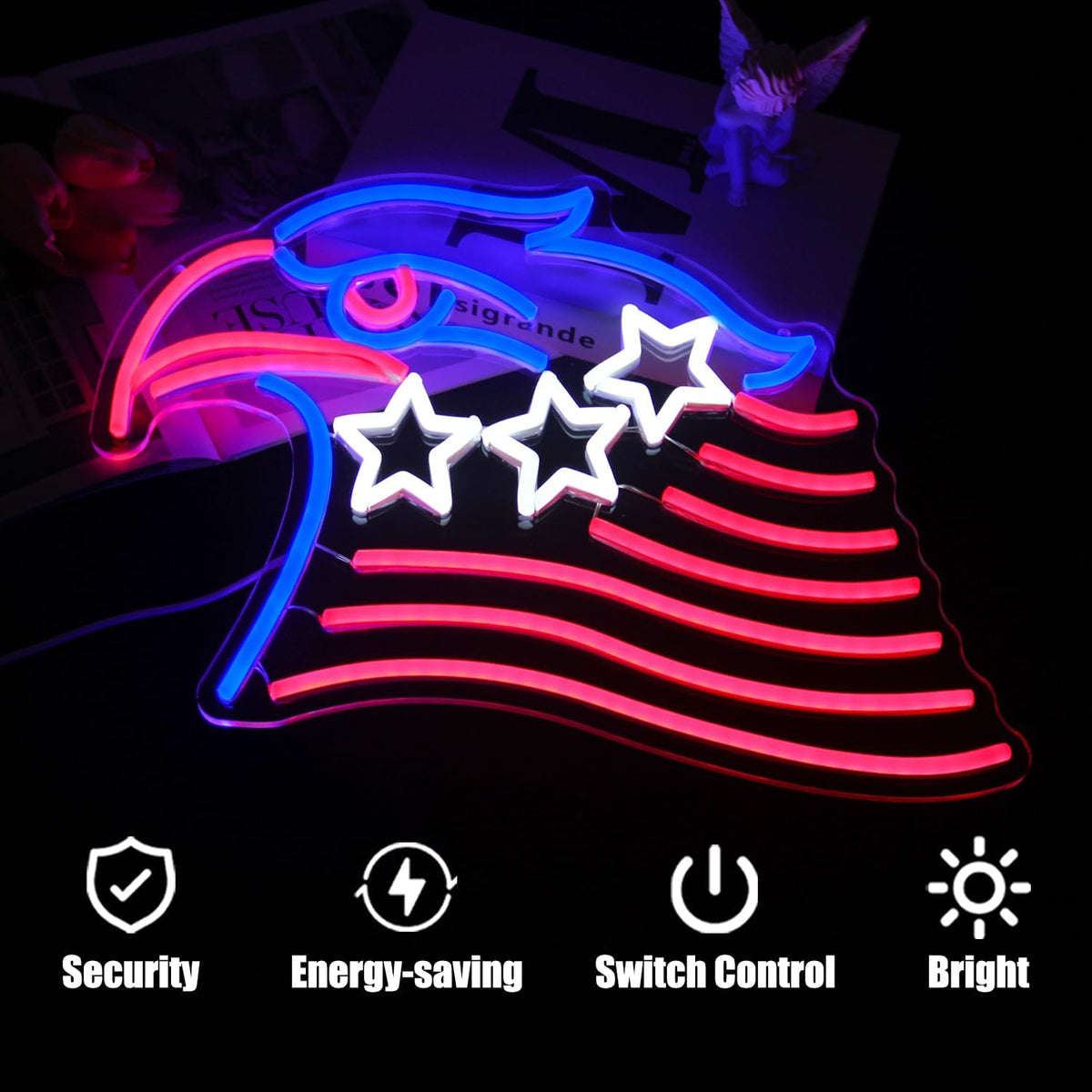 Patriotic Eagle Flag Neon Sign USA Stars and Stripes LED Sign for Wall American Flag Neon Lights Signs for Bedroom Memorial Day 4th of July Independence Day American Eagle Day Decorations