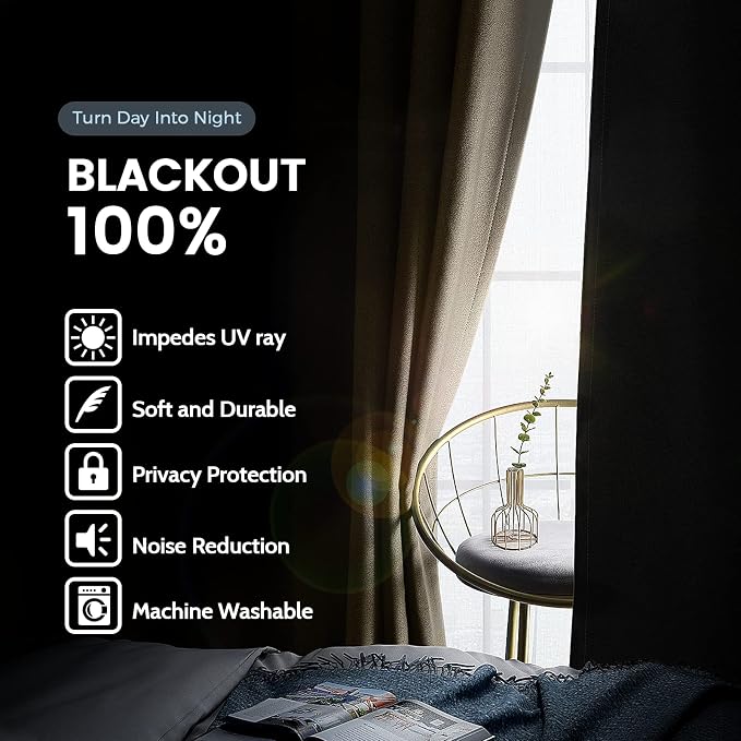 SimpleHome Beige 100% Blackout Curtains Room Darkening Living Room 36 Inch | - Image 3