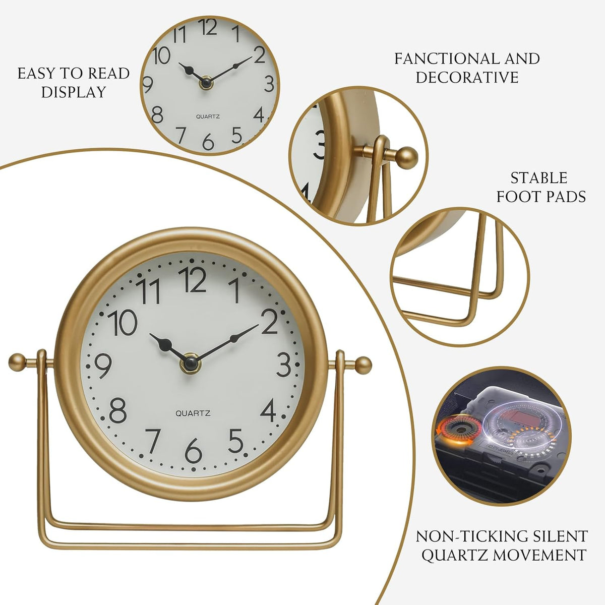 Vintage Golden Table Clock - Elegant Battery Operated Office, Living Room, and Bedroom Clock with Minimalist Design Gold Table Decor 22x19.5x5.5cm