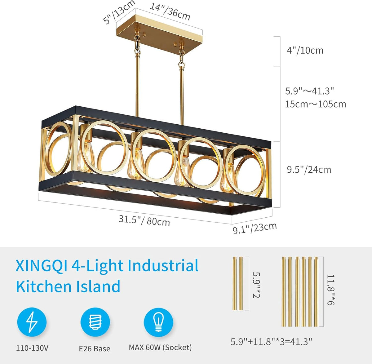 XINGQI Modern Rectangle Chandelier, Farmhouse Kitchen Island Lighting Rustic Industrial Hanging Light Fixture 4-Light Metal Linear Pendant for Dining Room Living Room Hallway, Black and Gold
