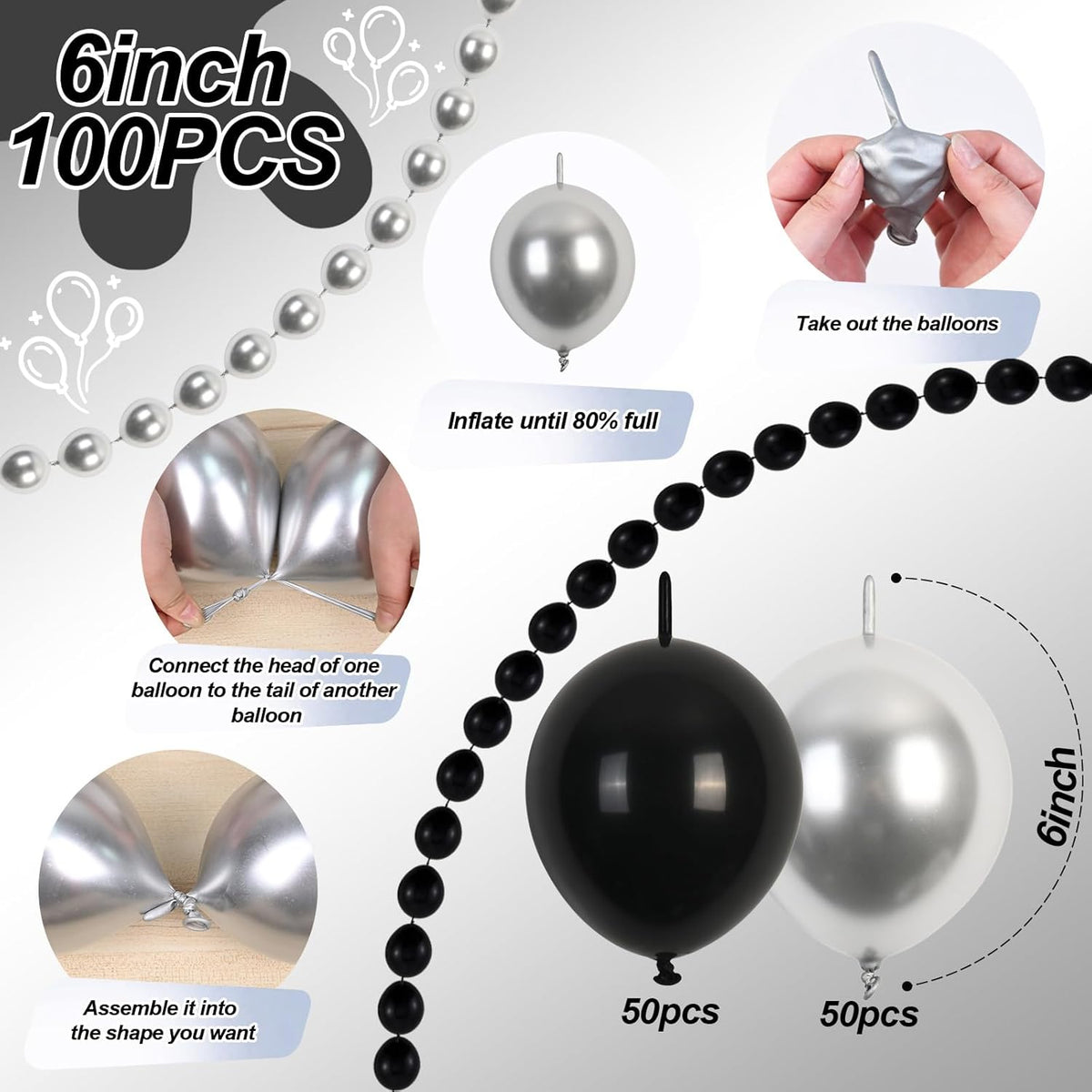 Black and Silver Linking Balloons, 100PCS 6 Inch Small Metal Silver Link Balloons for Making Balloon Wall Heart Arch, Quick Linked Balloon for Wedding Birthday Baby Shower Graduation Party Decorations