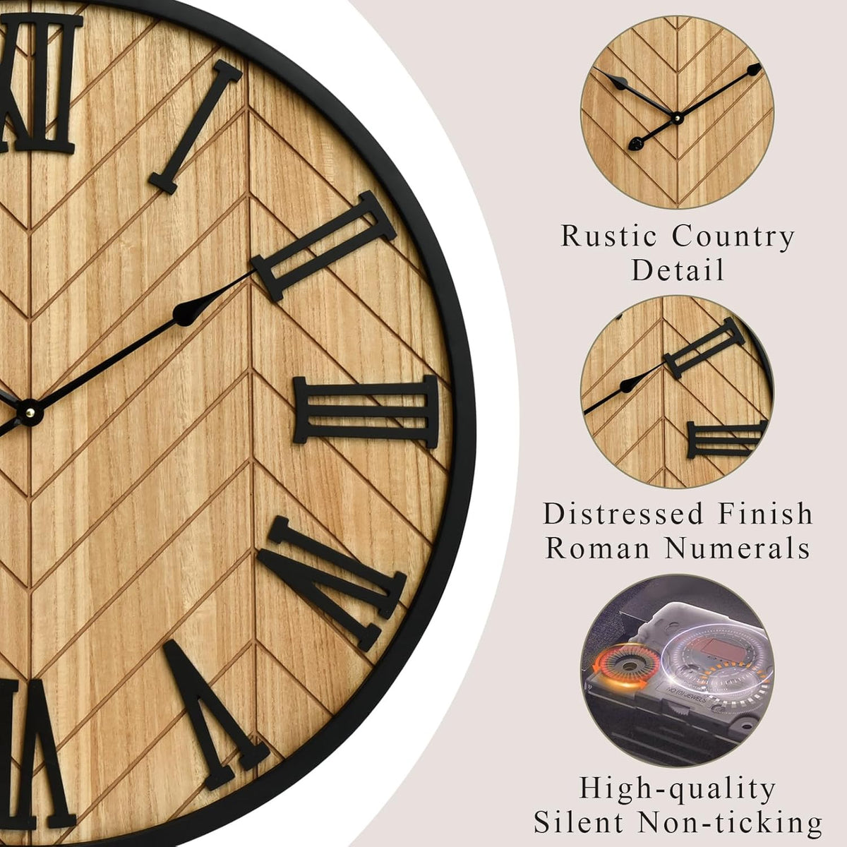30 Inch Large Wall Clock Farmhouse Style - Brown Silent Non-Ticking Rustic Decor for Living Room, Kitchen, Bedroom