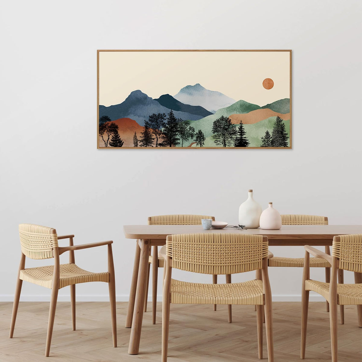 SIGNINART Large Boho Mountains Framed Canvas Wall Art, Watercolor Nature Landscape Art Prints, Neutral Modern Sunrise Art Paintings, Green Forest Wall Decor for Living Room, Bedroom, Office 20"x40"