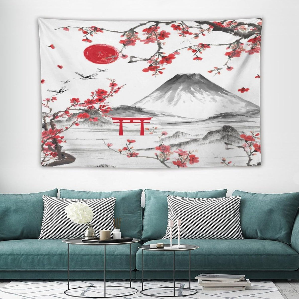 Red Cherry Blossoms Tapestry, Japanese Fuji Mountain Tapestry, Asian Japanese Wall Tapestry, Nature Landscape Tapestries for Bedroom Living Room Decor 60"x40"