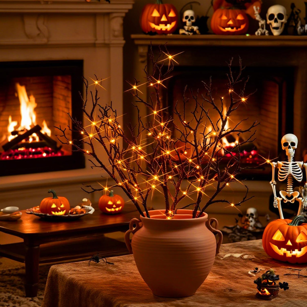 Birchlitland Halloween Branch Lights with Timer Battery Operated 75 LED Orange Fairy Lights, Lighted Black Willow Branches 21IN for Home Decor
