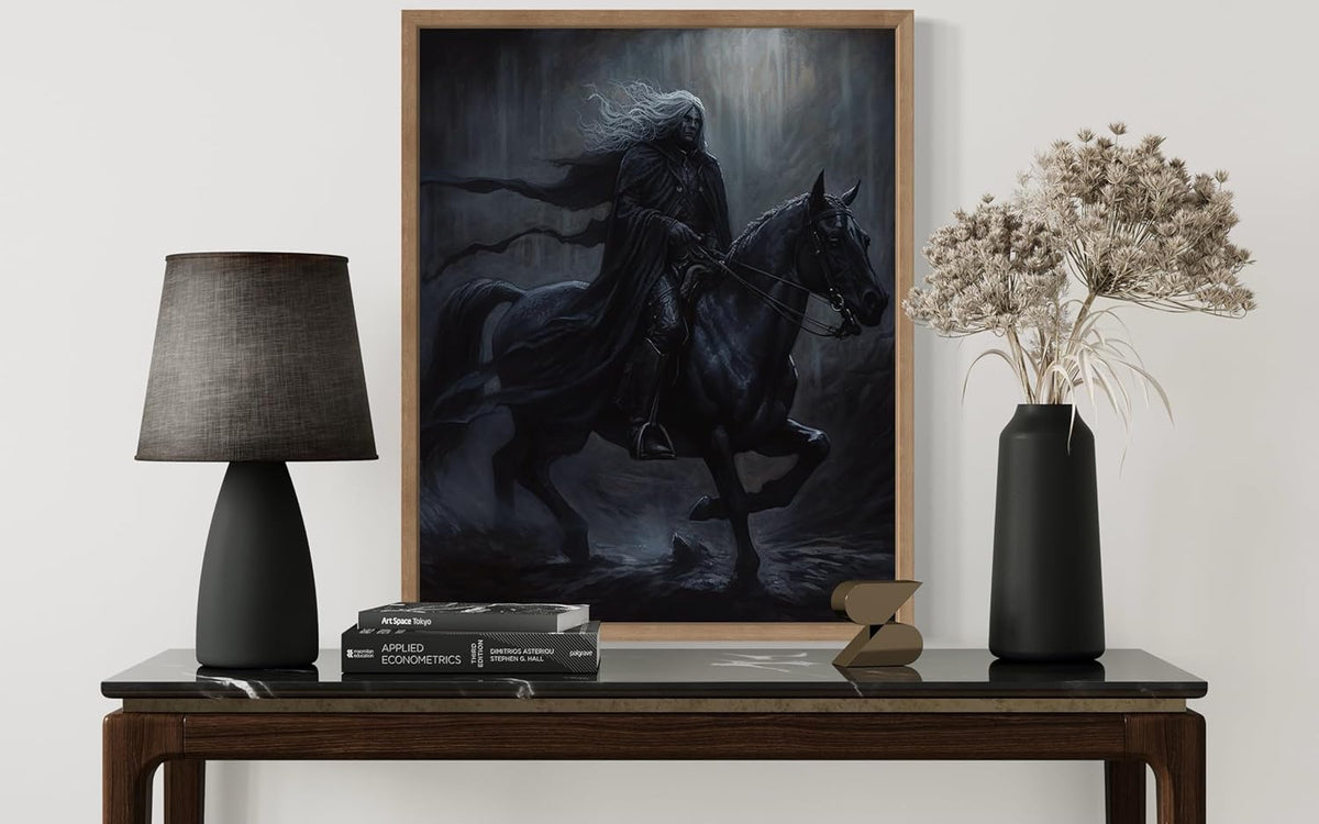 Black Dark Knight Poster Art Print, Halloween Scary Vintage Wall Art Academia Spooky Painting Decoration for Horror Prints, Gothic Posters Bedroom Decor 89 (Black Dark Knight, 11 x 14 inches, Wood Frame)