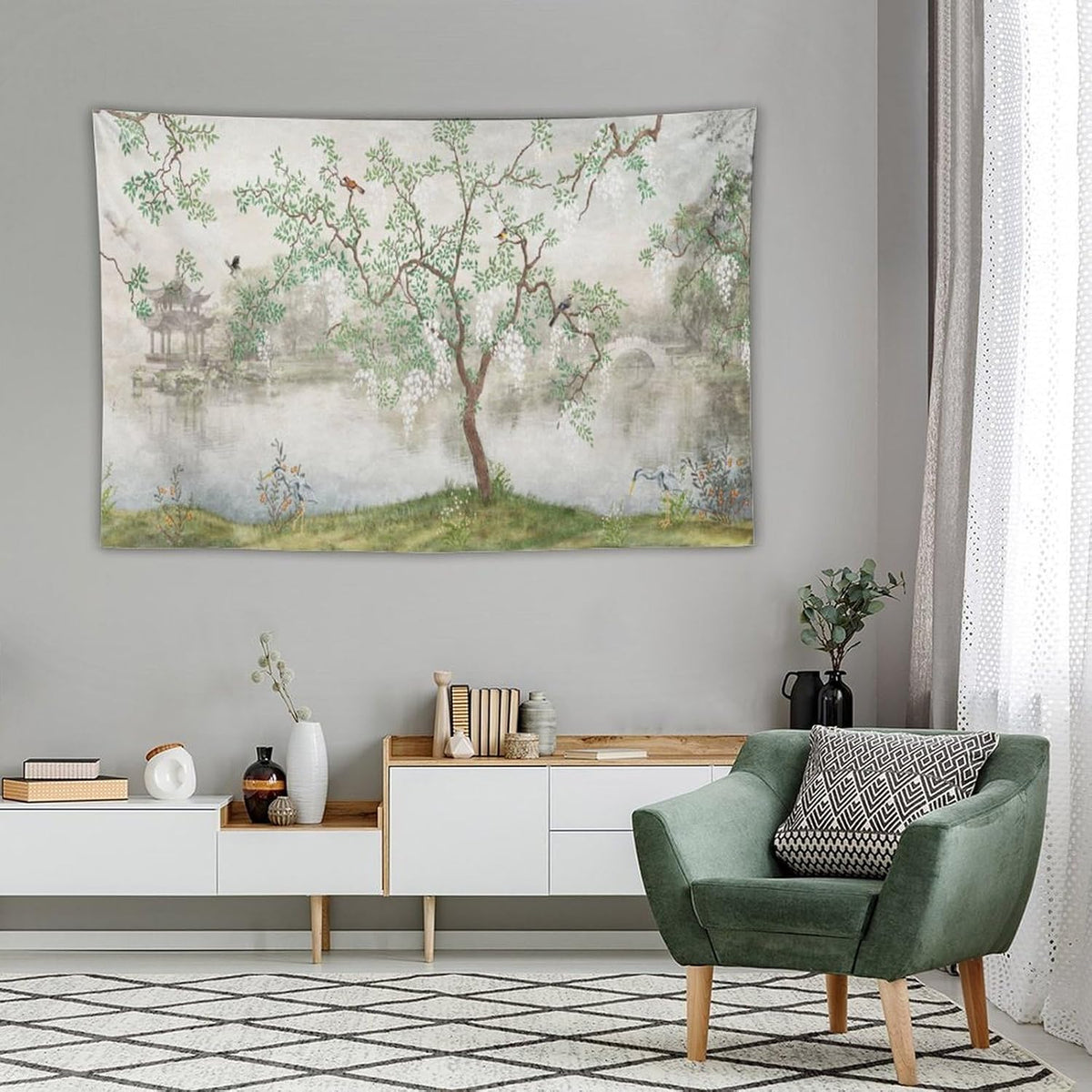 HZOHNAGO Japanese Tapestry Tree Misty Garden Lake Printed Wall Tapestry Ink Painting Wall Hanging for Bedroom Living Room Dorm 60" W x 40" H