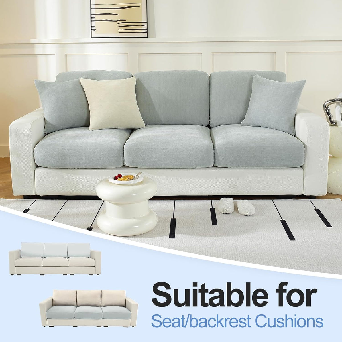 Couch Cushion Covers Individual Large Super Stretch Chenille (Softer Version) Sofa Cushion Covers, Couch Seat Covers Couch Slipcovers Furniture Protector (3 Piece, Light Grey)