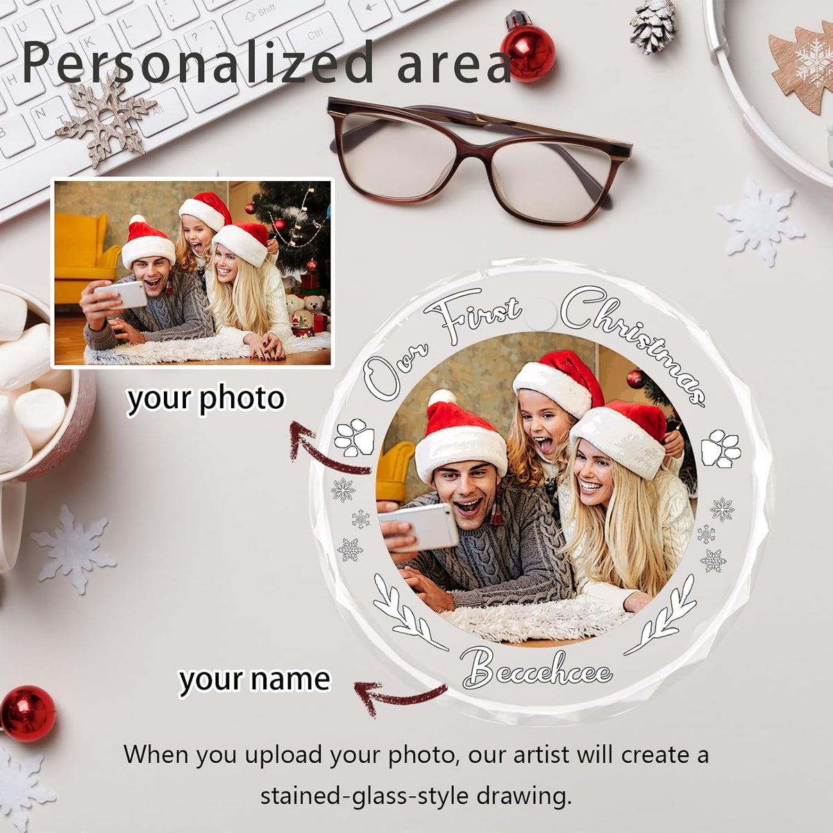 Personalized Christmas Ornaments, Custom Glass Ornament with Name/Photo/Text,Customized Christmas Tree Decor Gifts for Family, Dad, Mom, Him, Her, Couple,Snowflake