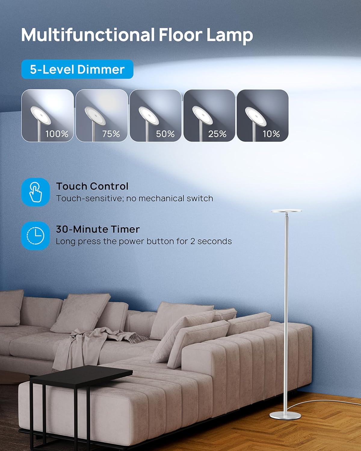 TROND Floor Lamp, LED Torchiere Uplight Lamp, 5 Brightness Aluminum Modern Standing Light, 5500K Natural Daylight, 5000 lm, 71in Tall, 30 Mins Timer, Detachable, for Office Living Room Bedroom, Silver