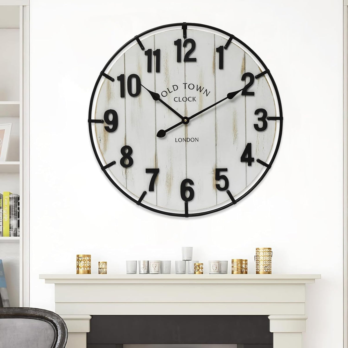 Large Old Town Farmhouse Wall Clock – 24 Inches Rustic Antique Wood with Metal Circle and Large Numerals, Silent Battery Operated Clock for Office, Kitchen, Bedroom, Living Room (Washed White)