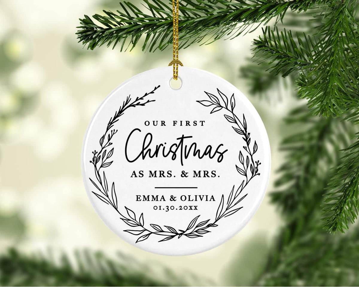 Andaz Press Personalized Our First Christmas As Mrs. & Mrs. 2025 Christmas Ornaments Modern Farmhouse Wreath 2.8" Round Porcelain Ceramic Lesbian Married Couple Gay Women Newlyweds Keepsake 1-Pack