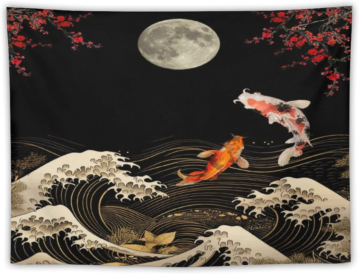 Houselerax Koi Fish Tapestry, Japanese Style Yin Yang Big Wave Cherry Blossom Tapestries Wall Hanging for Bedroom Living Room Office Decor 40"x30"