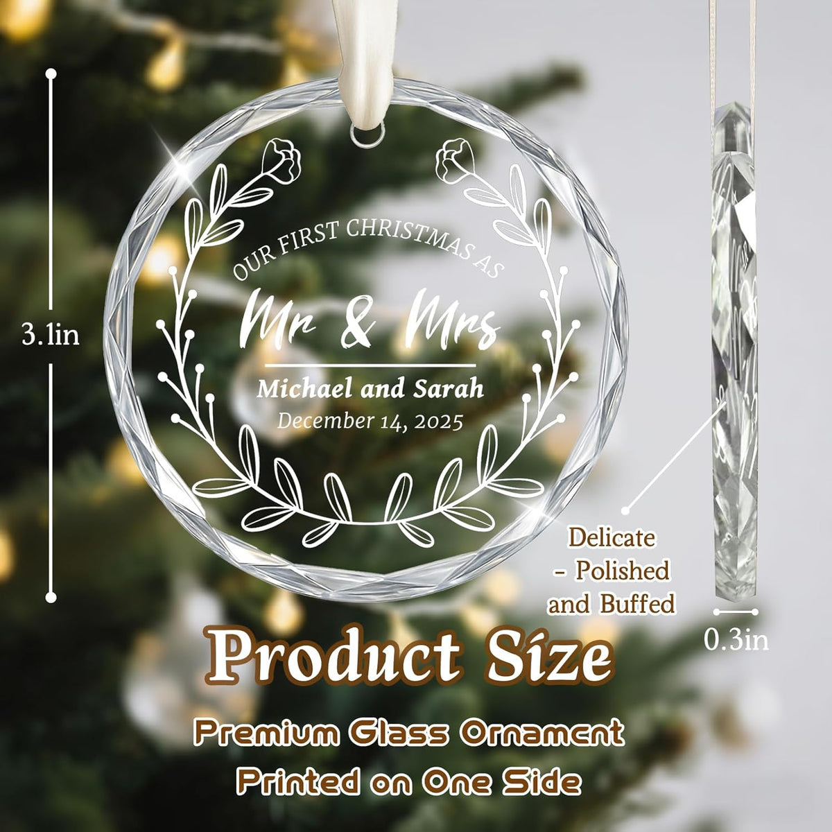 First Christmas Married Ornament 2025, Custom Wedding Crystal Glass Ornament with Photo, Name or Date, Personalized Wedding or Bridal Shower Gifts for Newlyweds