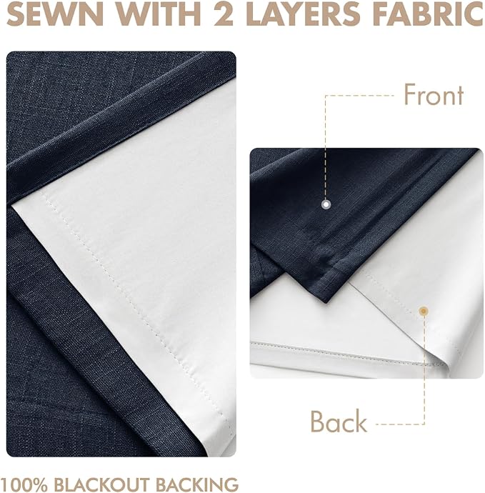 MIULEE Navy Blue Pinch Pleated 100% Blackout Linen Curtains 40x63 Inches | Room - Image 5